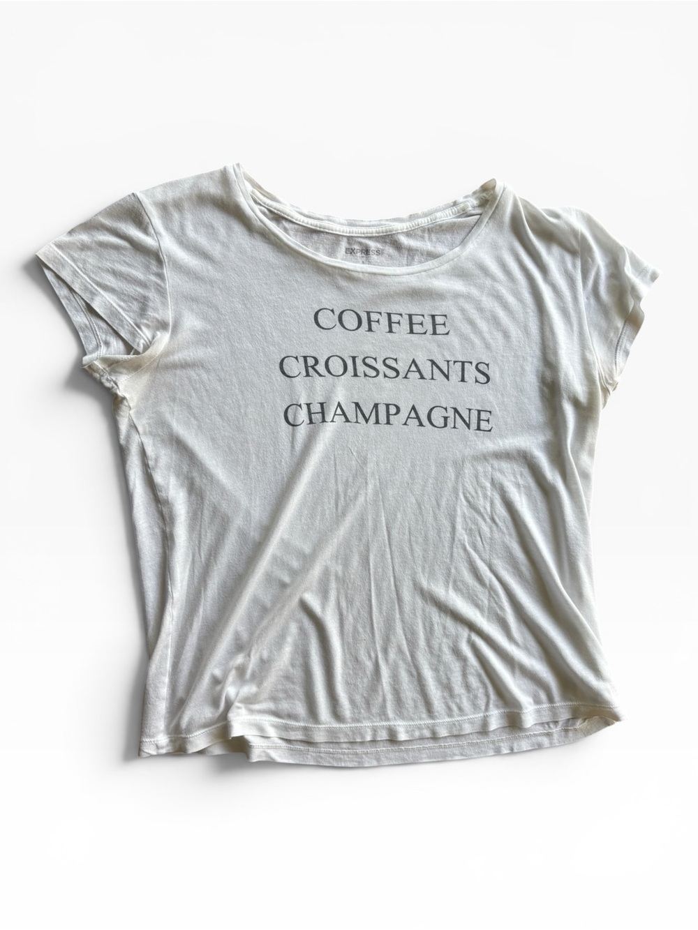 Women’s White Graphic Tee – Coffee Croissants Champagne - Express Small